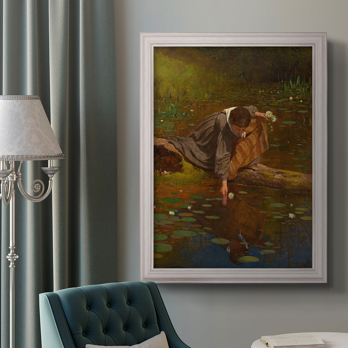 Realist genre painting of figures gathering lilies by Eastman Johnson in an ornate weathered white frame displayed in a neutral interior setting.