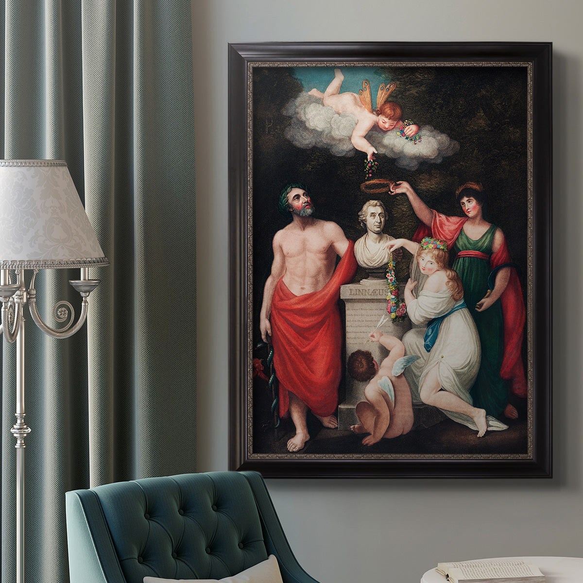 Classical allegorical painting honoring Linnaeus by Robert John Thornton in an ornate black frame with gilded inner detail displayed in a neutral interior setting.