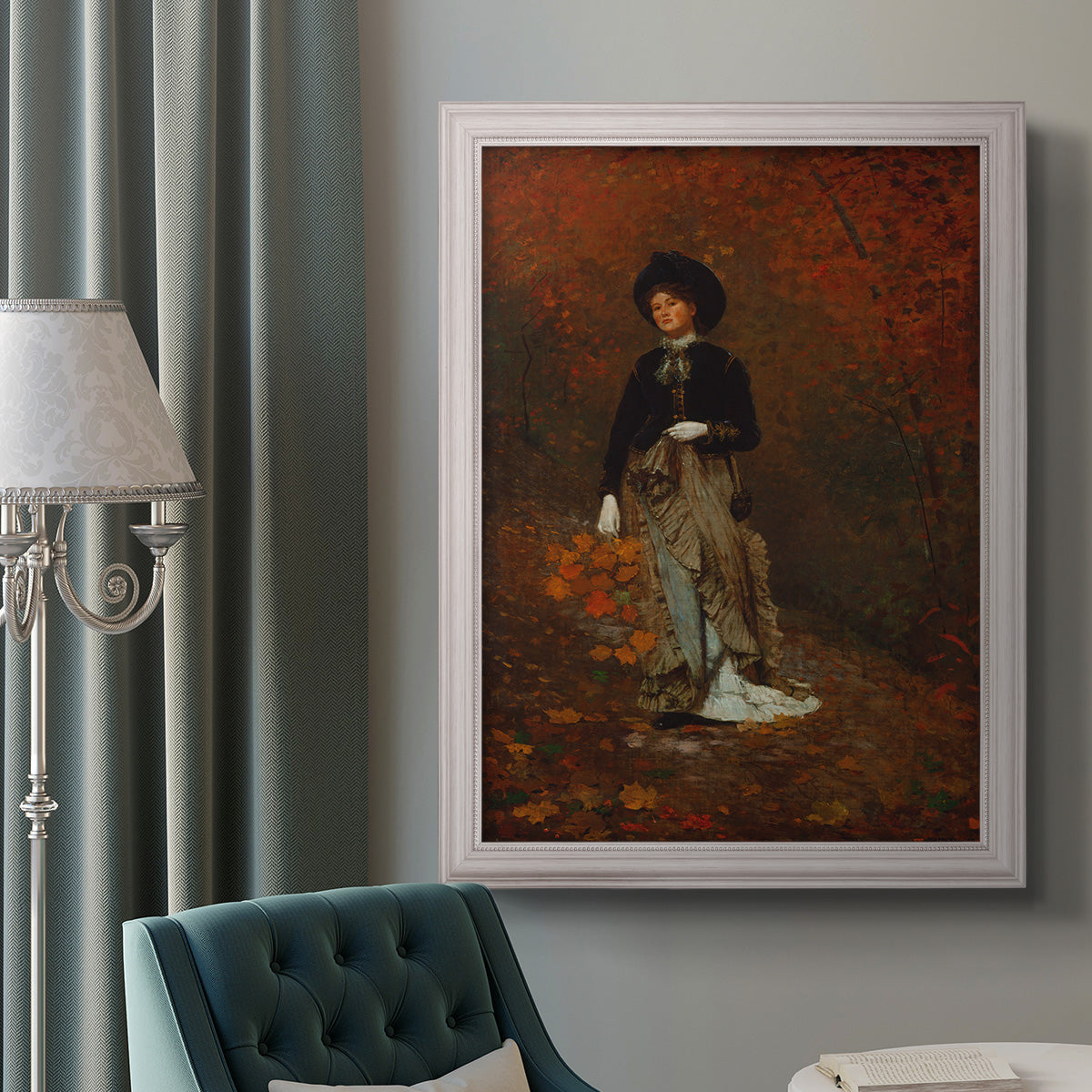 Realist autumn portrait scene by Winslow Homer in an ornate weathered white frame displayed in a neutral interior setting.