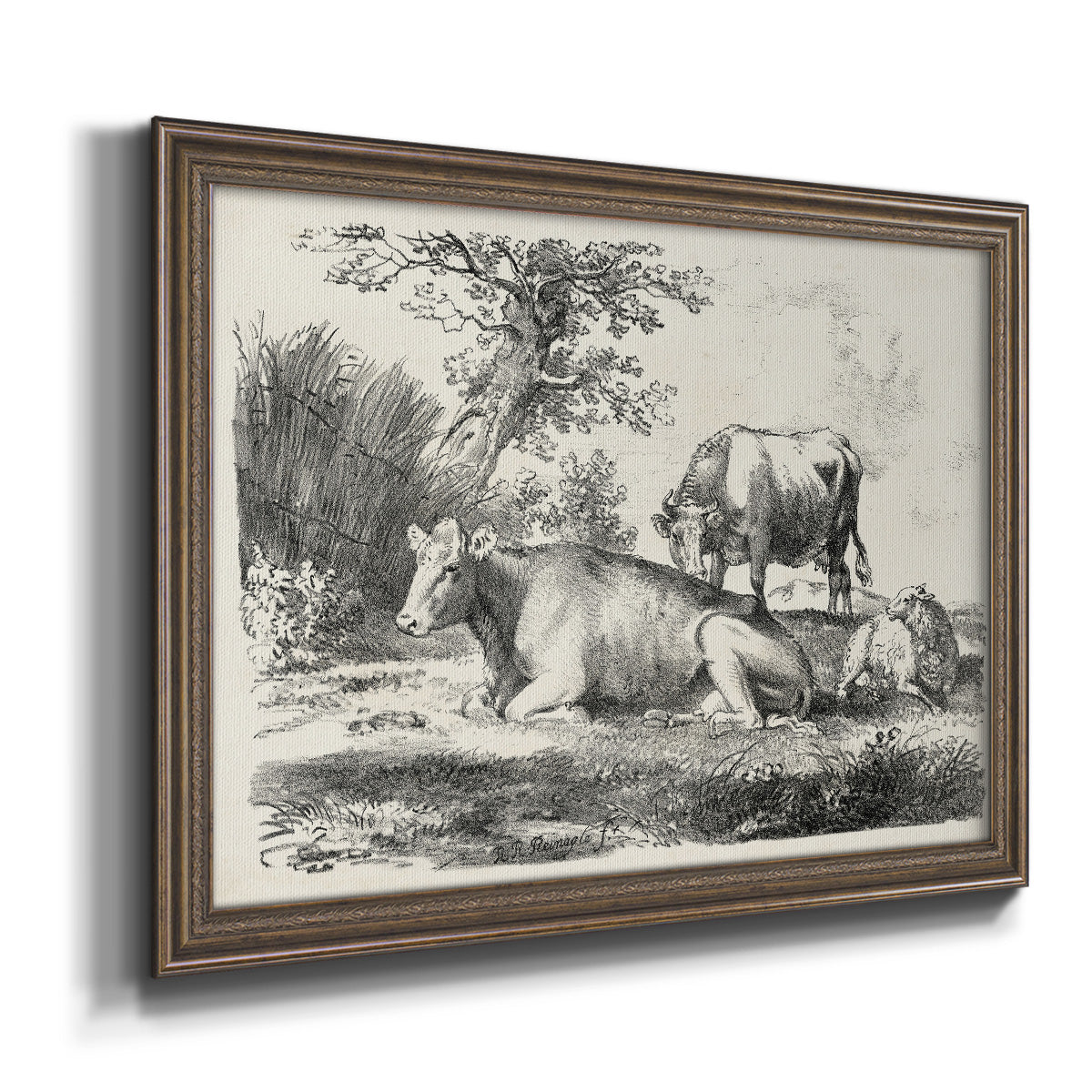 Classical pastoral landscape artwork by Nicolas Berchem printed on canvas in an ornate traditional bronze frame.