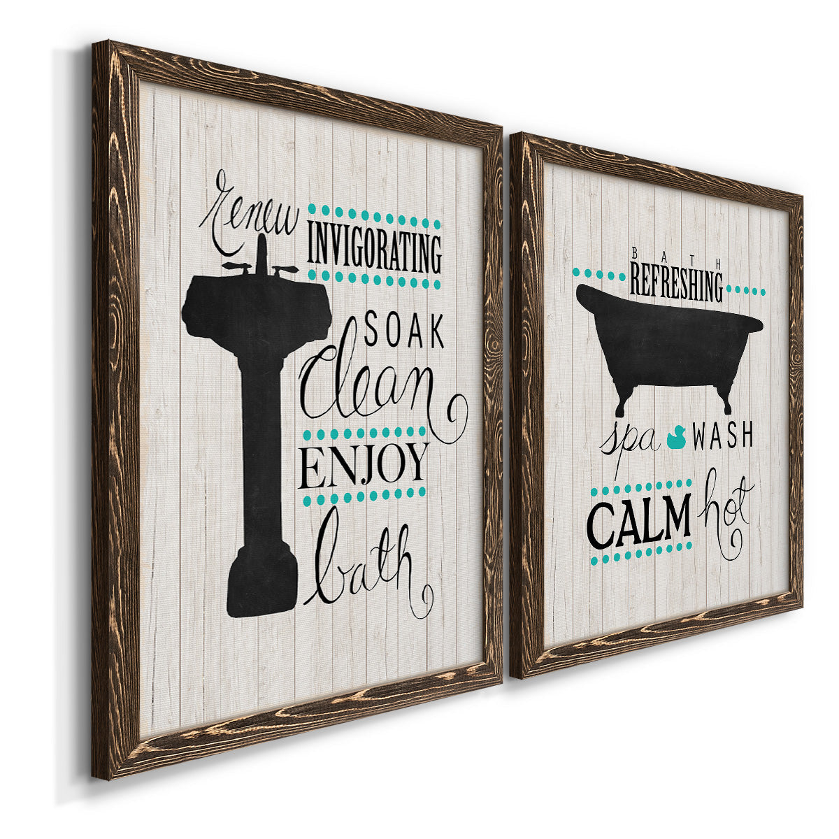 Angled view of a set of two walnut barnwood framed canvas prints featuring two graphic bathroom word art featuring playful bathtub silhouettes and bath-themed typography.