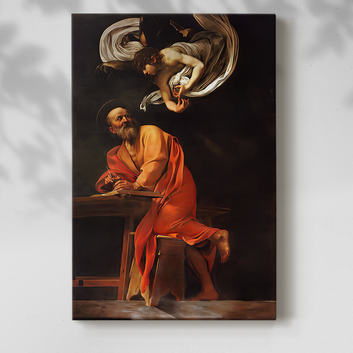 Canvas art print of a dramatic composition with contrasting light and expressive figures with a soft shadow on a white background.