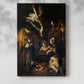 Canvas art print of a religious composition with multiple figures and soft illumination with a soft shadow on a white background.