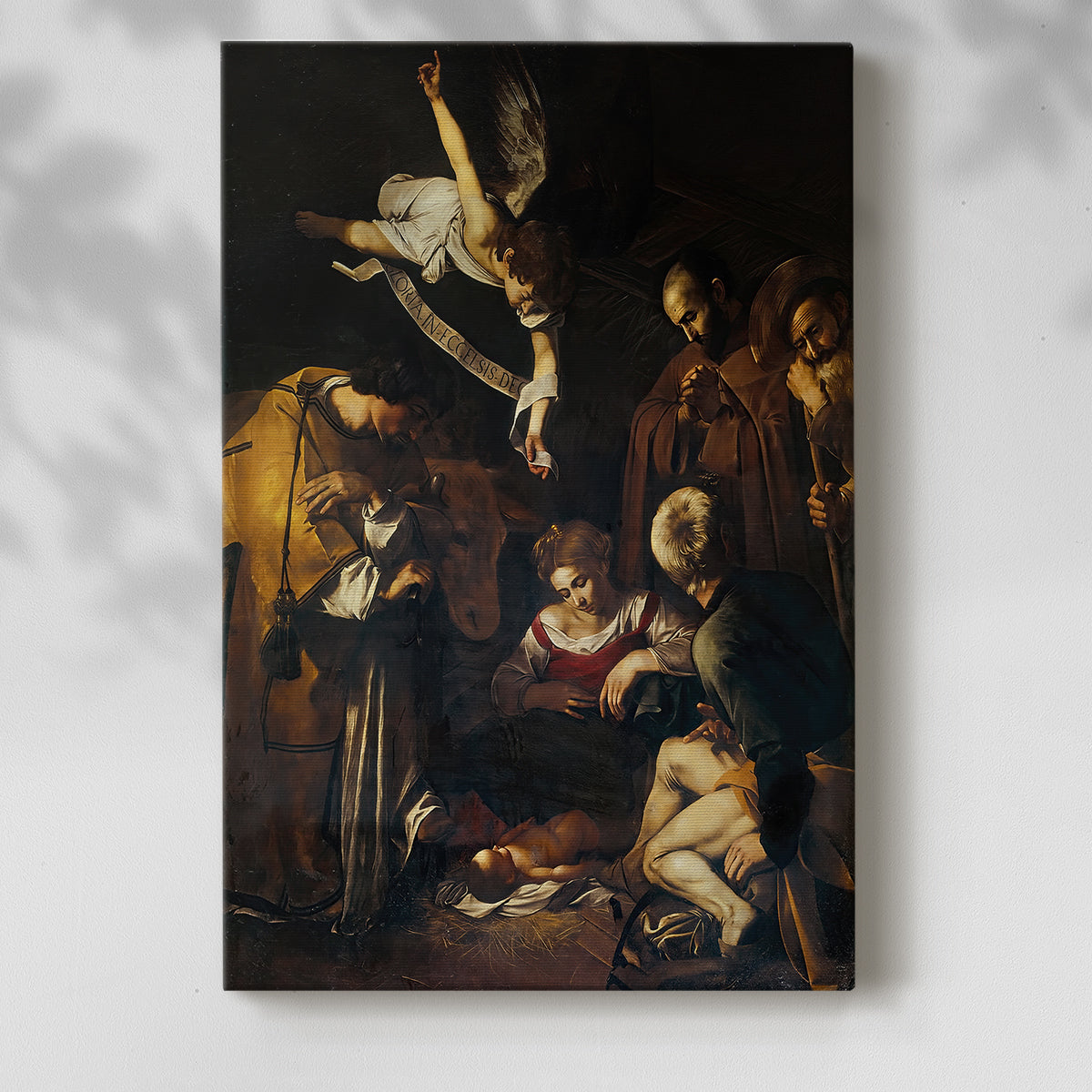 Canvas art print of a religious composition with multiple figures and soft illumination with a soft shadow on a white background.