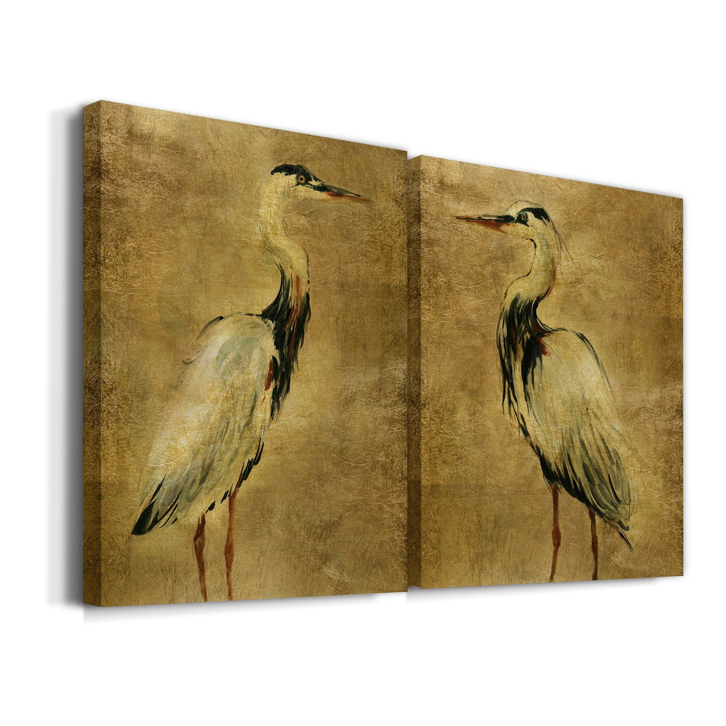 Gold Crane at Dusk I Premium Gallery Wrapped Canvas - Ready to Hang - Set of 2 - 8 x 12 Each