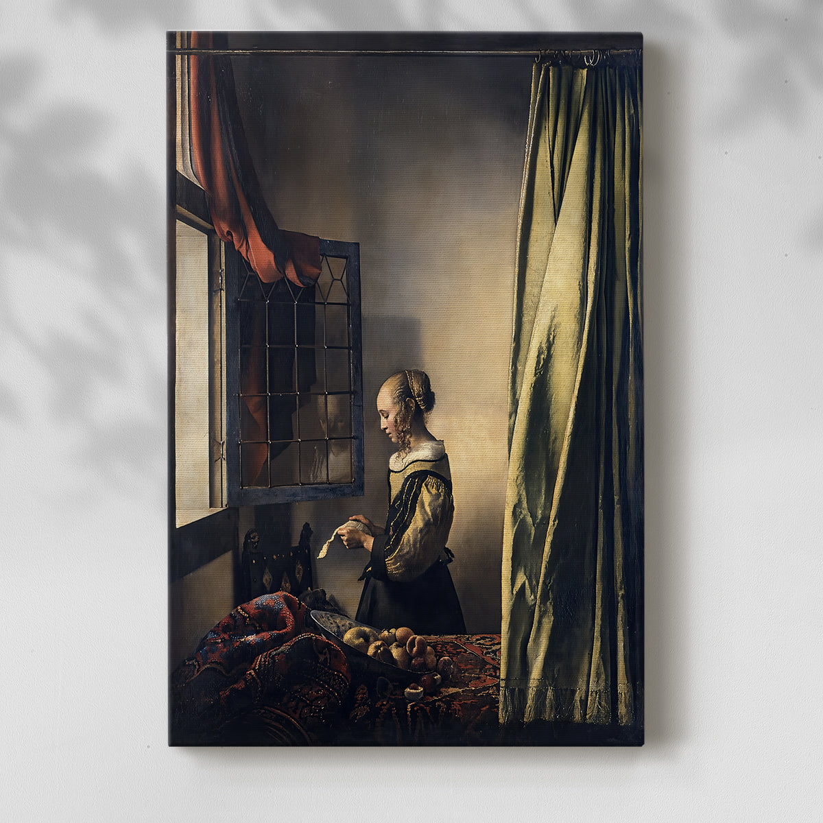 Canvas art print of a quiet scene with natural light and focused figure with a soft shadow on a white background.