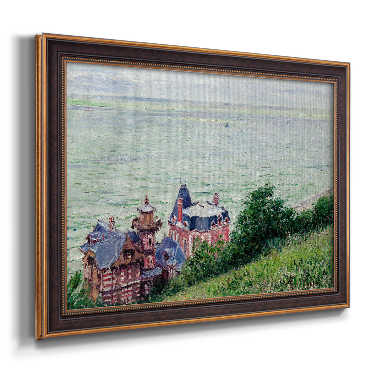 Impressionist coastal villas landscape by Gustave Caillebotte printed on canvas in an ornate bronzed mahogany wood frame.