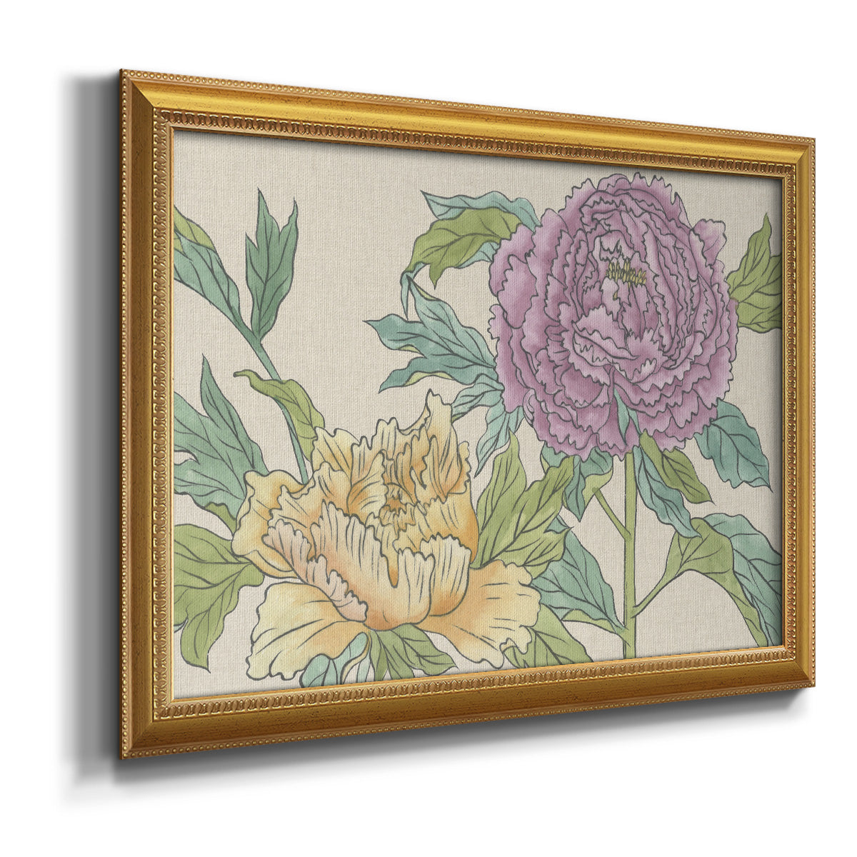 Contemporary peony flower illustration printed on canvas in an ornate antique gold frame.