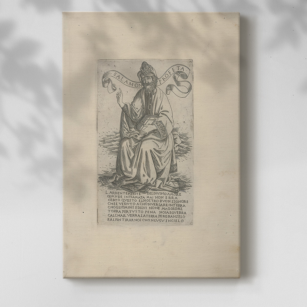 Canvas art print of a classical figure with balanced pose and etched texture with a soft shadow on a white background.