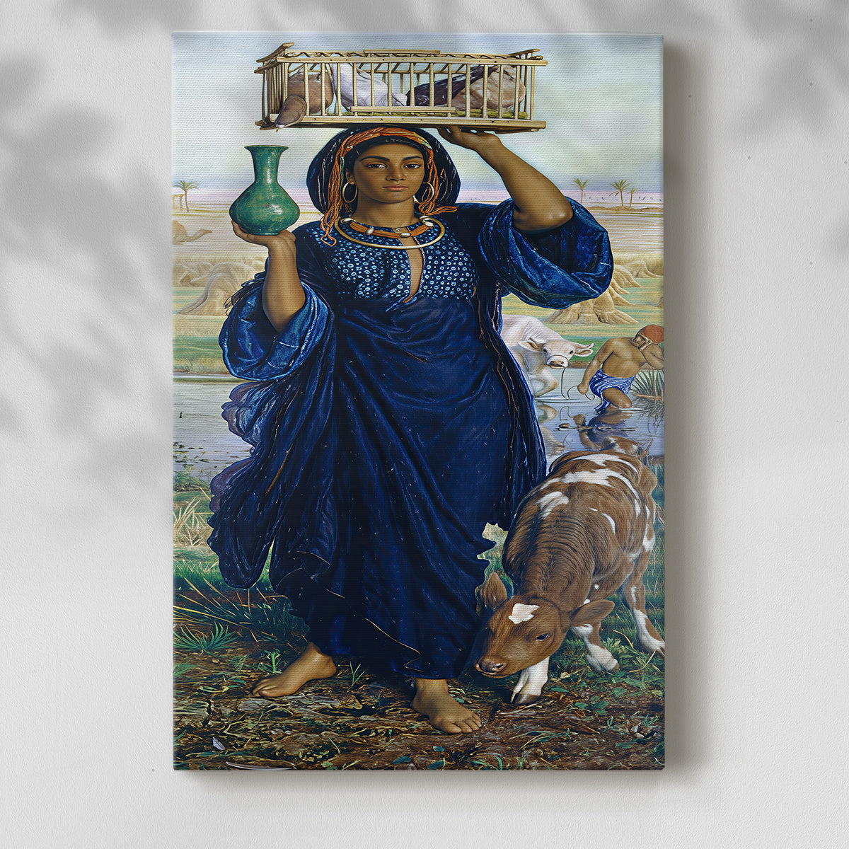 Canvas art print of a narrative composition with warm tones and distant horizon with a soft shadow on a white background.