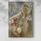 Canvas art print of a stylized female figure surrounded by floral motifs and soft tones with a soft shadow on a white background.