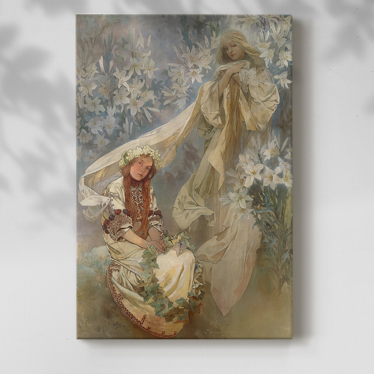 Canvas art print of a stylized female figure surrounded by floral motifs and soft tones with a soft shadow on a white background.