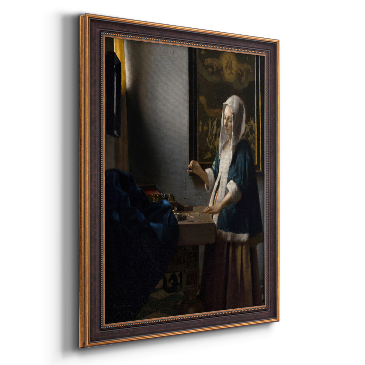Quiet interior genre scene of a woman with scales by Johannes Vermeer printed on canvas in an ornate bronzed mahogany wood frame with a vertical orientation.