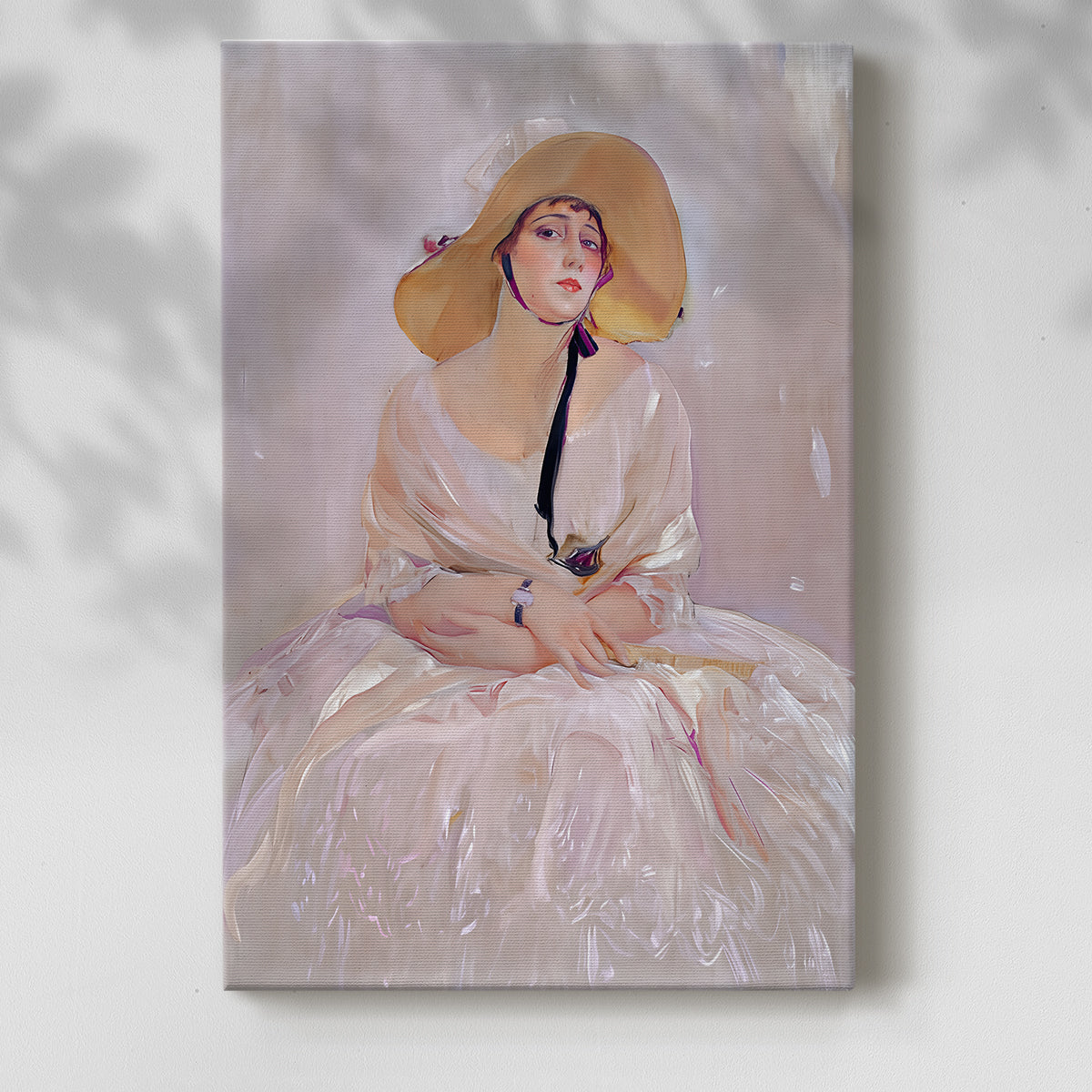 Canvas art print of a refined figure with delicate tones and elegant posture with a soft shadow on a white background.