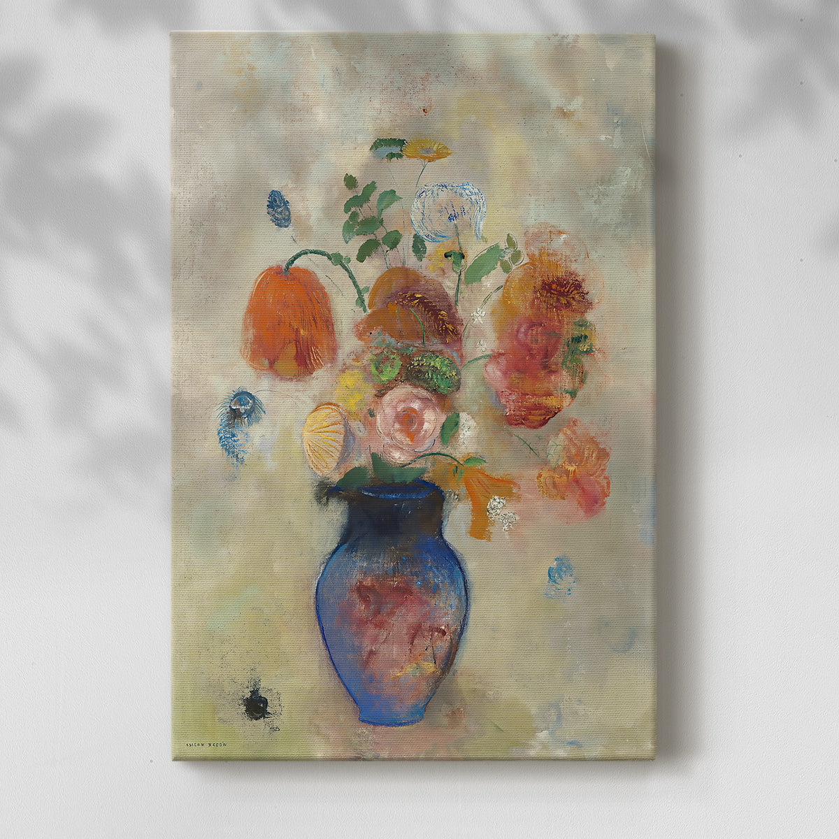 Canvas art print of a stylized arrangement with blooms and muted tones with a soft shadow on a white background.