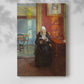 Canvas art print of a quiet scene of a woman reading in a warmly lit interior with a soft shadow on a white background.