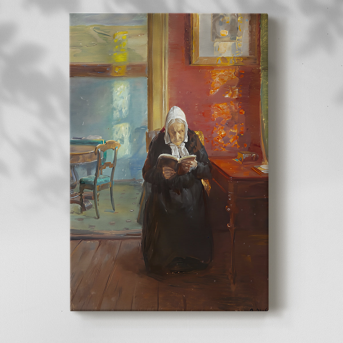 Canvas art print of a quiet scene of a woman reading in a warmly lit interior with a soft shadow on a white background.