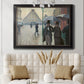 Impressionist urban street scene in the rain by Gustave Caillebotte in an ornate black frame with gilded inner detail displayed in a neutral-toned interior setting.