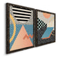 Angled view of a set of two black barnwood framed canvas prints featuring two retro graphic abstracts featuring bold geometric Memphis-style patterns.