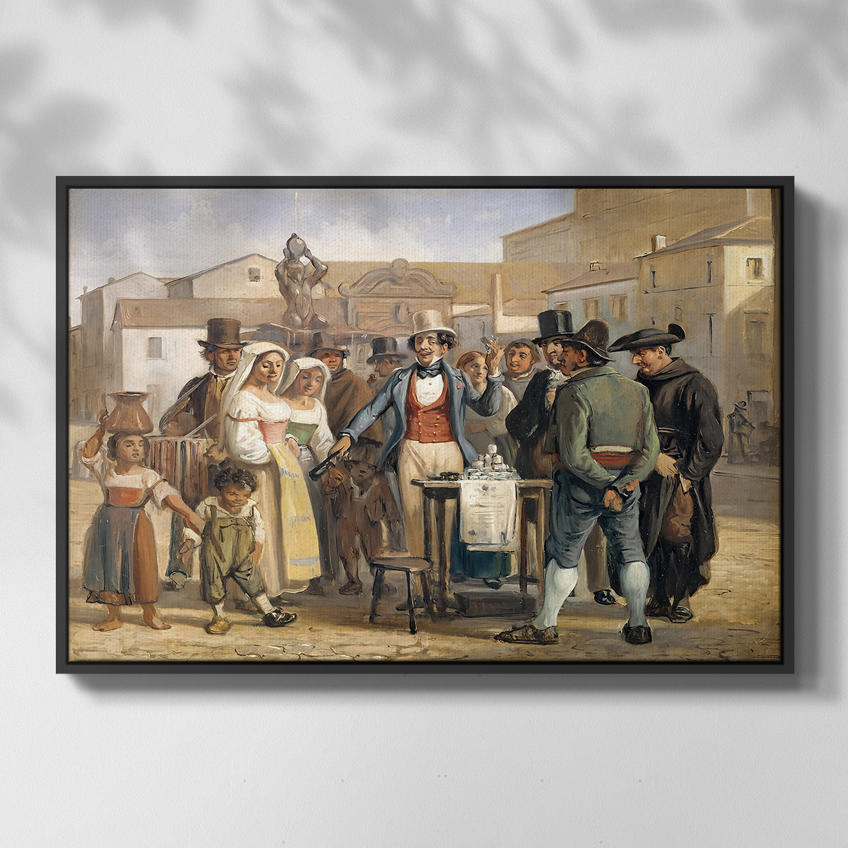 A Charlatan Selling Blacking in the Piazza Barberini in Rome, c. 1840-1849 - Floater Framed Canvas Print