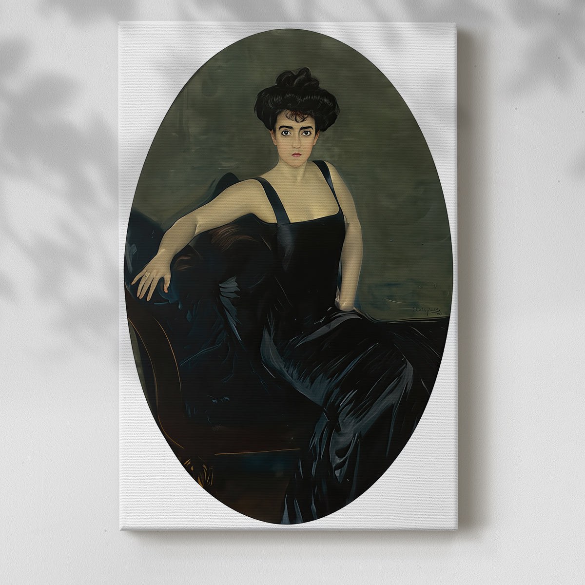 Canvas art print of a refined female figure with calm expression and smooth tones with a soft shadow on a white background.