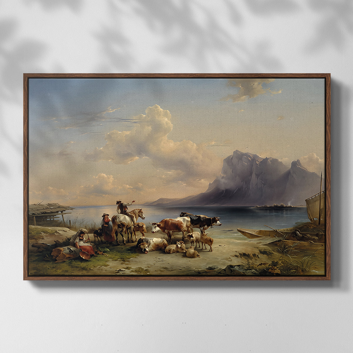 Shepherds and Cattle on Lake Attersee, 1852 - Floater Framed Canvas Print