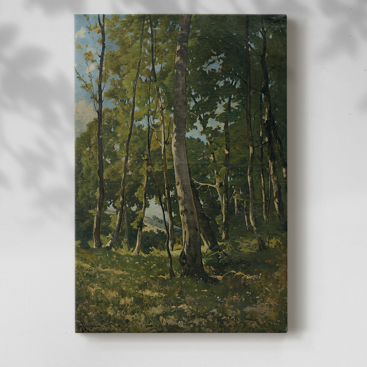 Canvas art print of a woodland scene with depth and natural tones with a soft shadow on a white background.