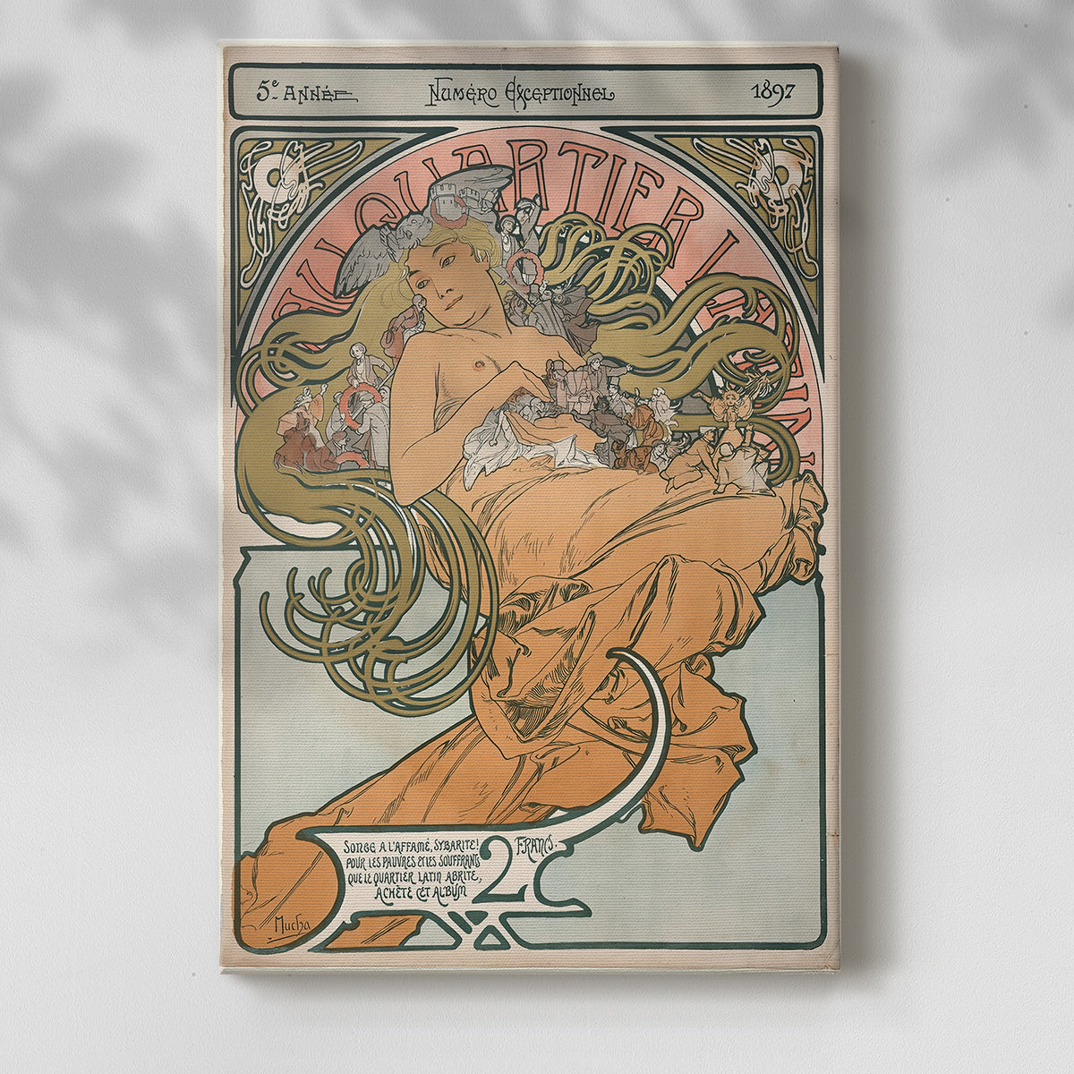 Canvas art print of a vintage advertisement featuring a stylized female figure and text with a soft shadow on a white background.