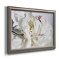 White peony close-up photography printed on canvas in an ornate vintage silver frame.