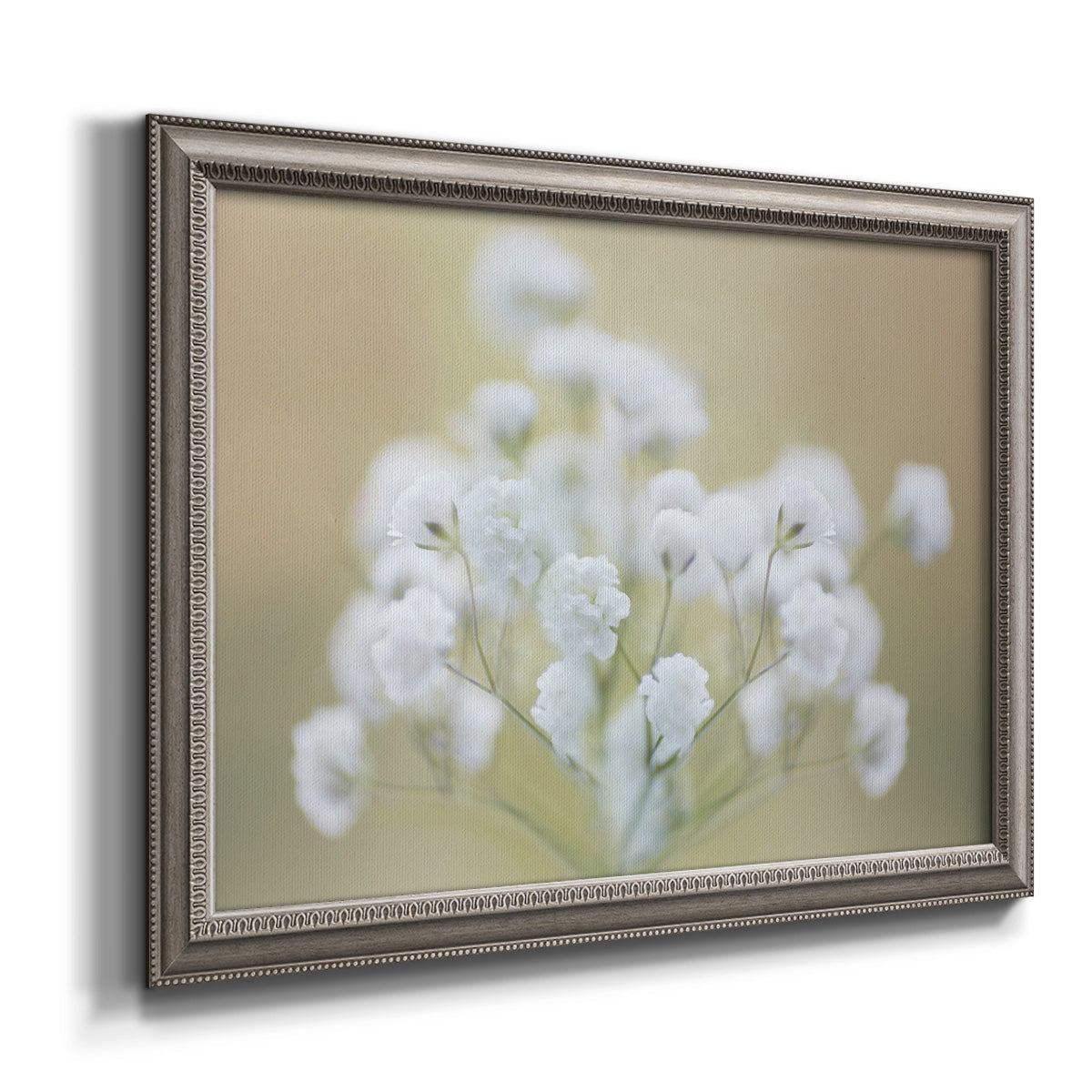 Botanical baby’s breath flower photography printed on canvas in an ornate vintage silver frame.
