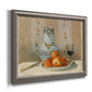 Impressionist still life painting with apples and a ceramic pitcher printed on canvas in an ornate vintage silver frame.