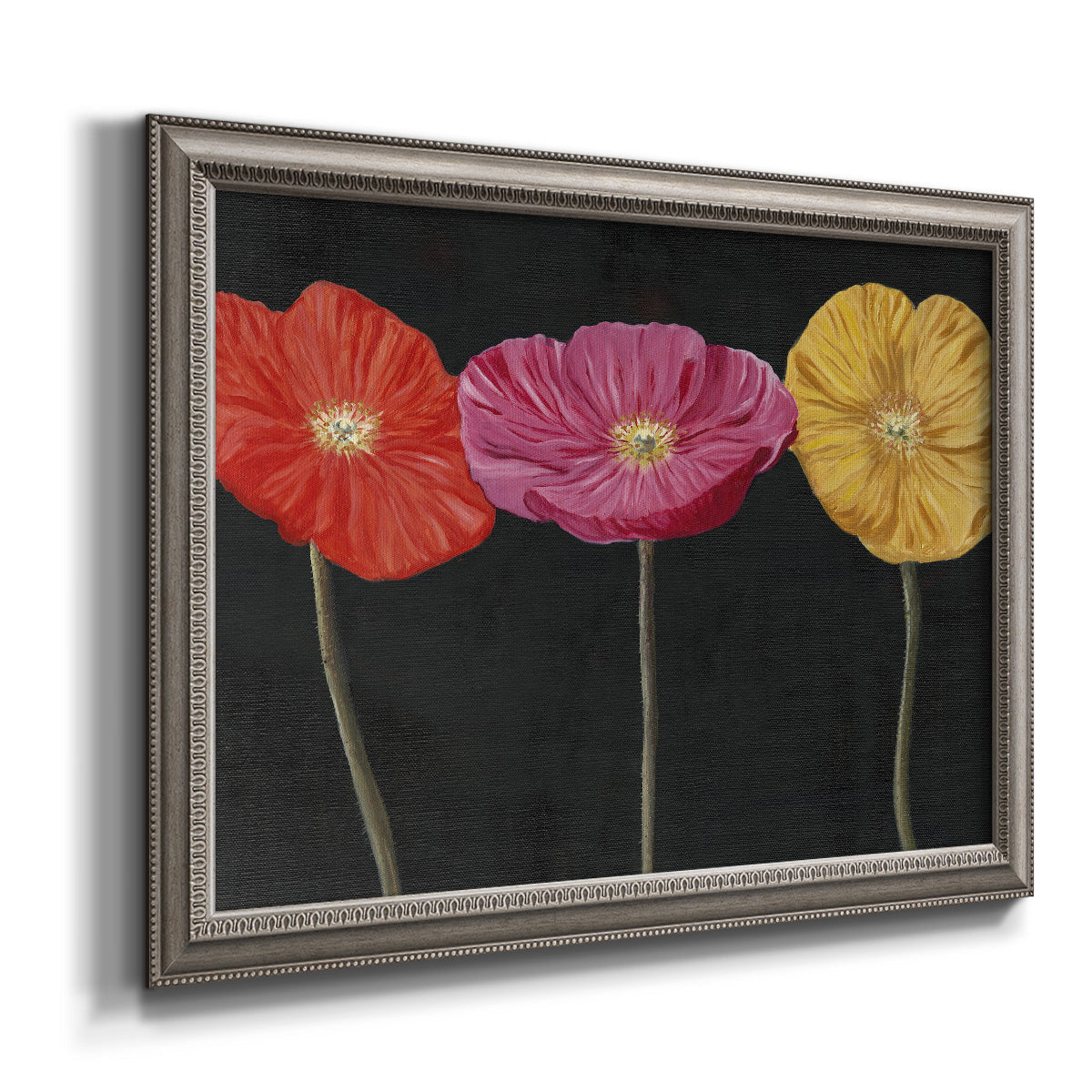 Contemporary poppy flower artwork printed on canvas in an ornate vintage silver frame.