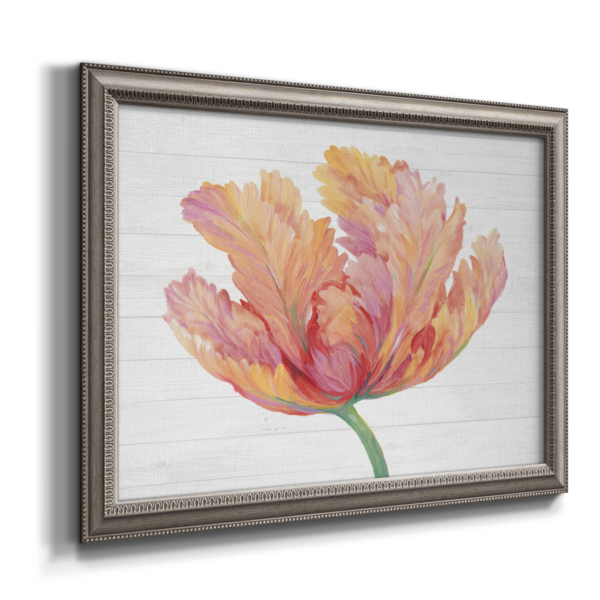 Modern minimalist pink floral artwork printed on canvas in an ornate vintage silver frame.
