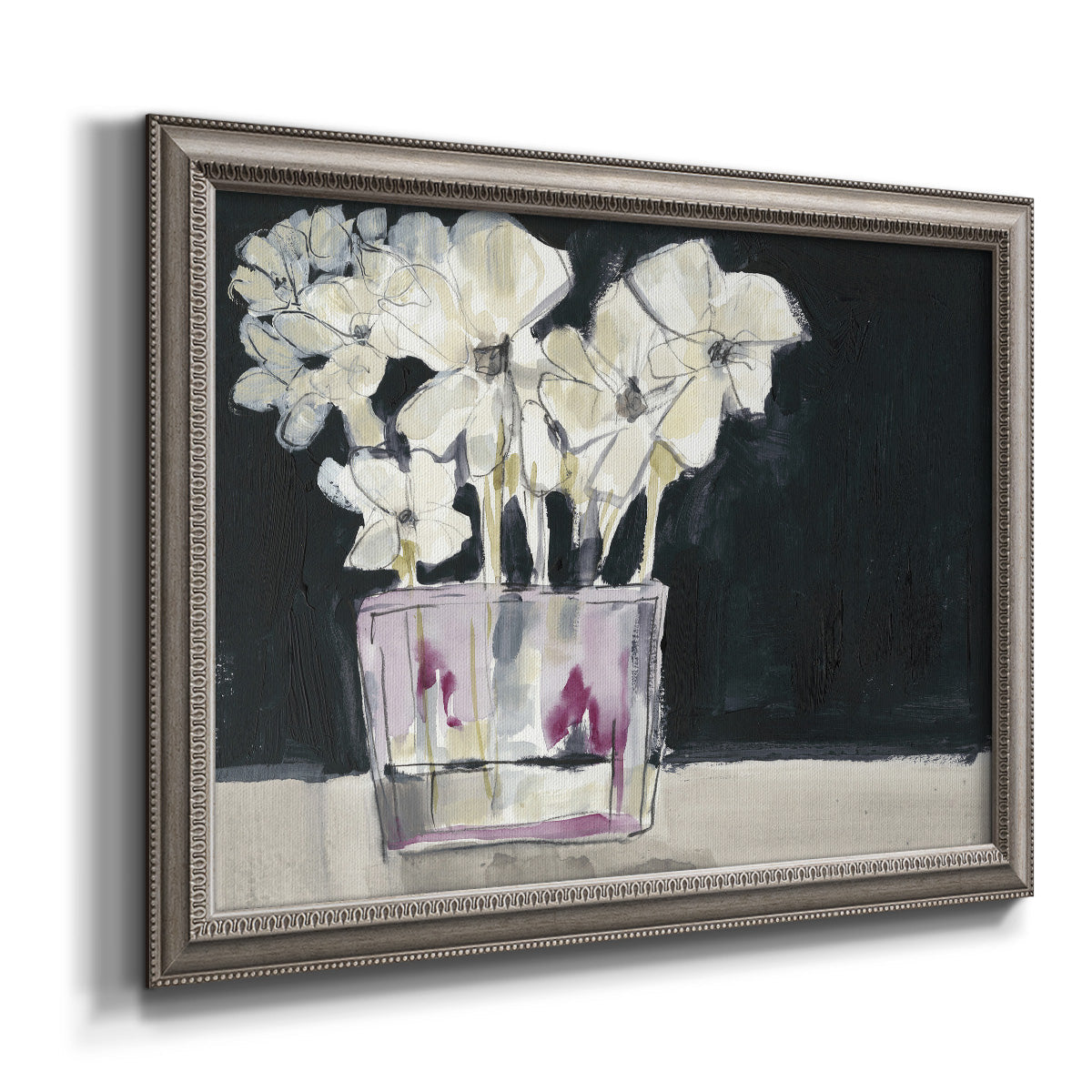 Contemporary floral watercolor with white flowers printed on canvas in an ornate vintage silver frame.