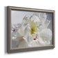 Soft white peony close-up printed on canvas in an ornate vintage silver frame.