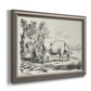 Traditional rural landscape scene by Nicolas Berchem printed on canvas in an ornate vintage silver frame.