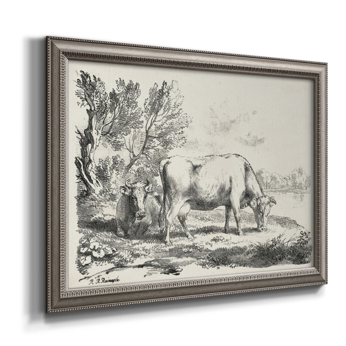 Traditional rural landscape scene by Nicolas Berchem printed on canvas in an ornate vintage silver frame.