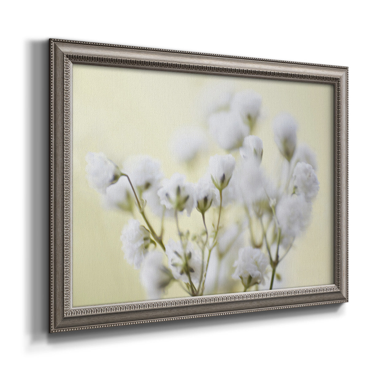 Soft-focus baby’s breath flower photograph printed on canvas in an ornate vintage silver frame.