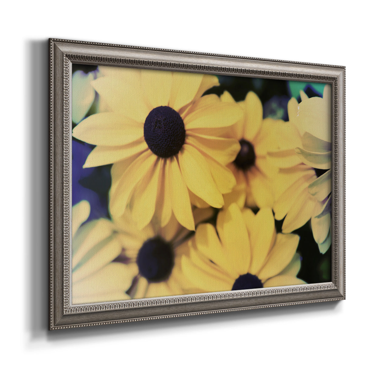 Contemporary black-eyed Susan floral photography printed on canvas in an ornate vintage silver frame.