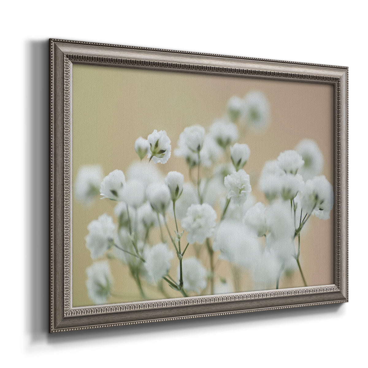 Delicate baby’s breath floral photograph printed on canvas in an ornate vintage silver frame.