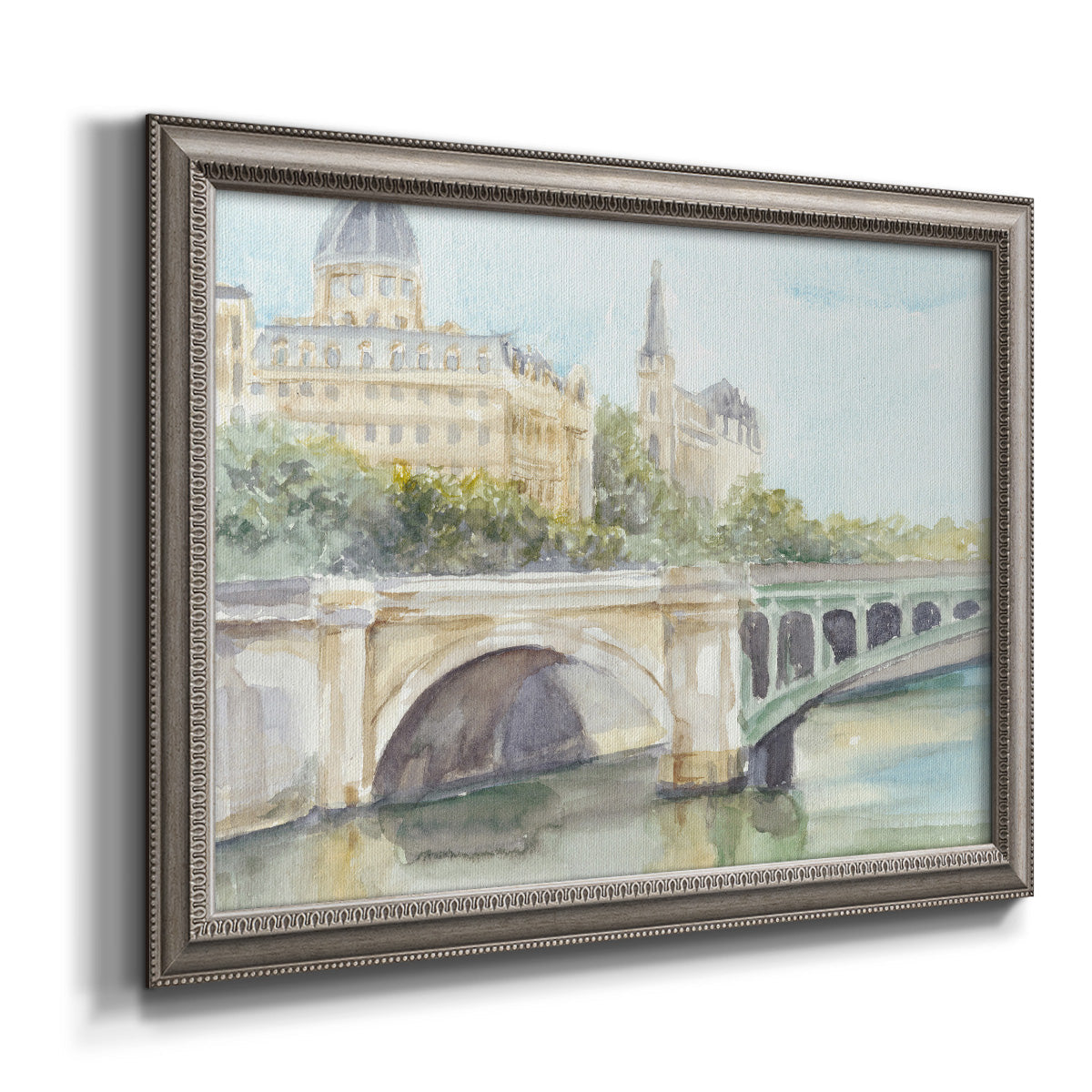 Classical watercolor painting of a French bridge printed on canvas in an ornate vintage silver frame.
