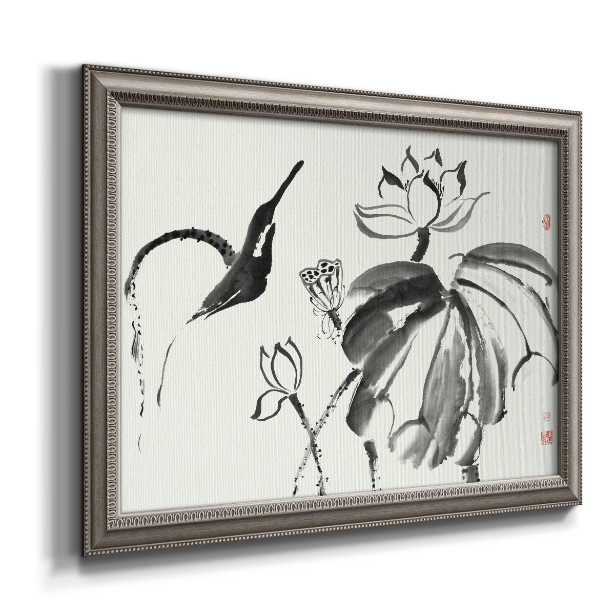 Asian-inspired lotus flower illustration printed on canvas in an ornate vintage silver frame.