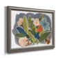 Colorful eclectic botanical artwork printed on canvas in an ornate vintage silver frame.