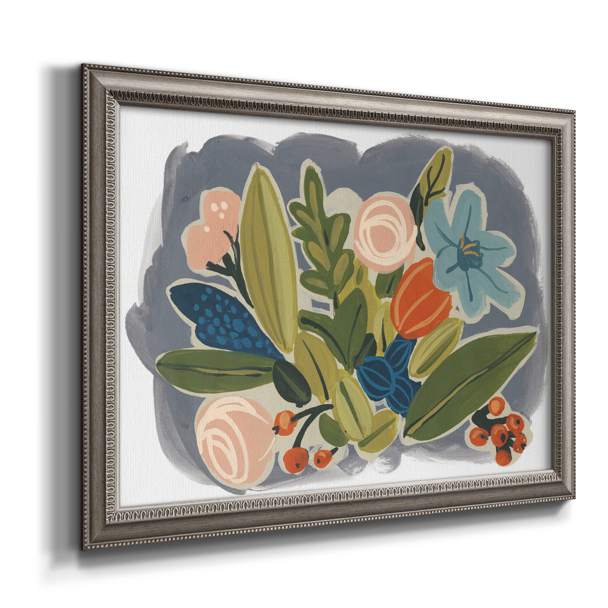 Colorful eclectic botanical artwork printed on canvas in an ornate vintage silver frame.