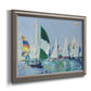 Coastal harbor watercolor painting printed on canvas in an ornate vintage silver frame.