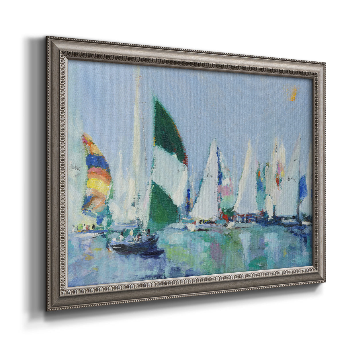 Coastal harbor watercolor painting printed on canvas in an ornate vintage silver frame.