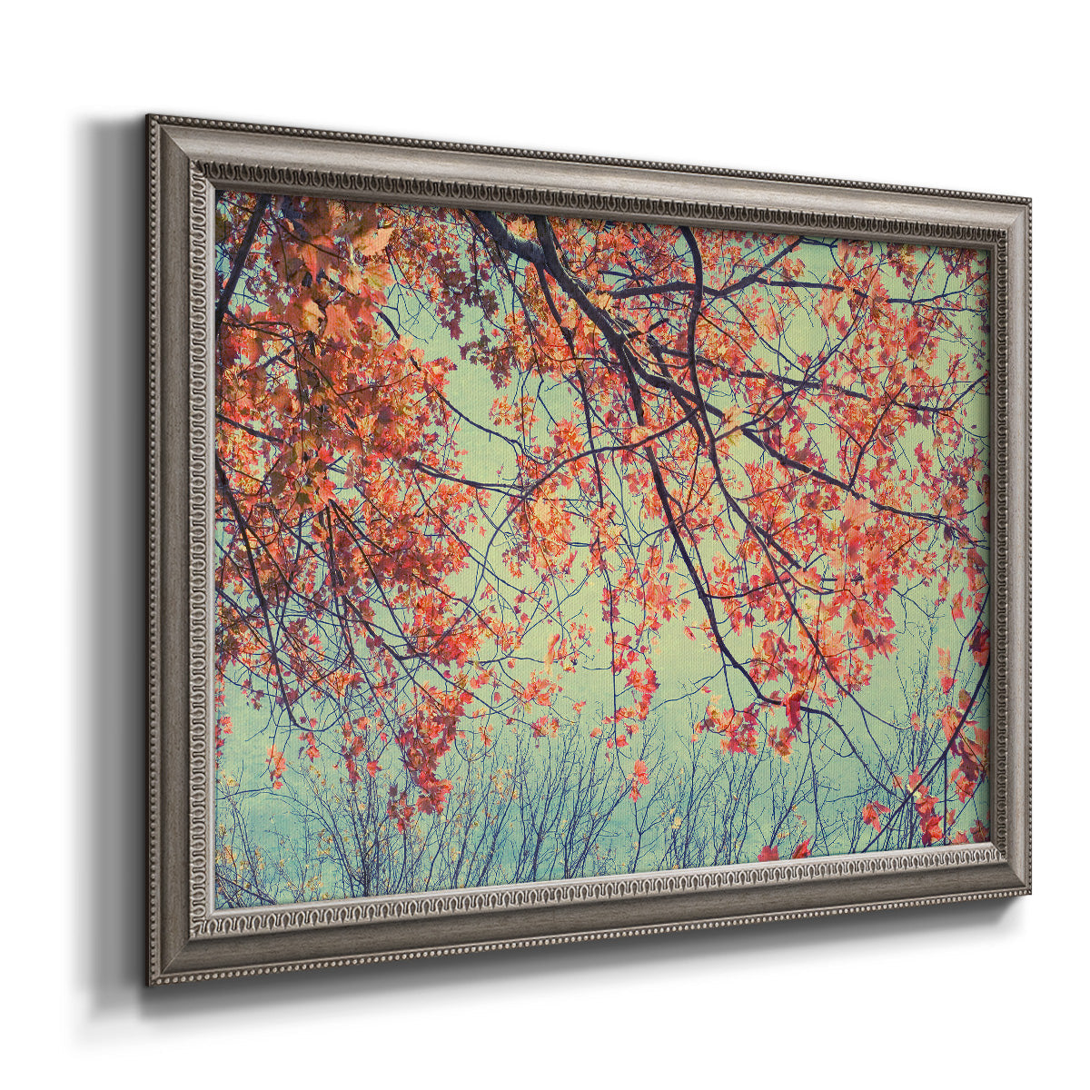 Eclectic fall floral landscape artwork printed on canvas in an ornate vintage silver frame.