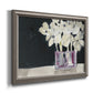Modern abstract white floral watercolor artwork printed on canvas in an ornate vintage silver frame.