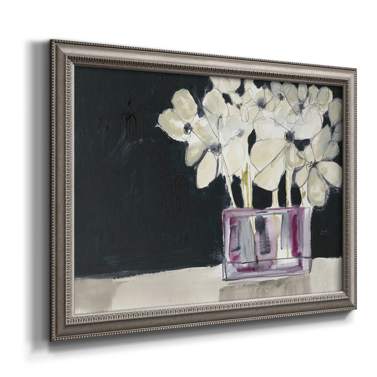 Modern abstract white floral watercolor artwork printed on canvas in an ornate vintage silver frame.