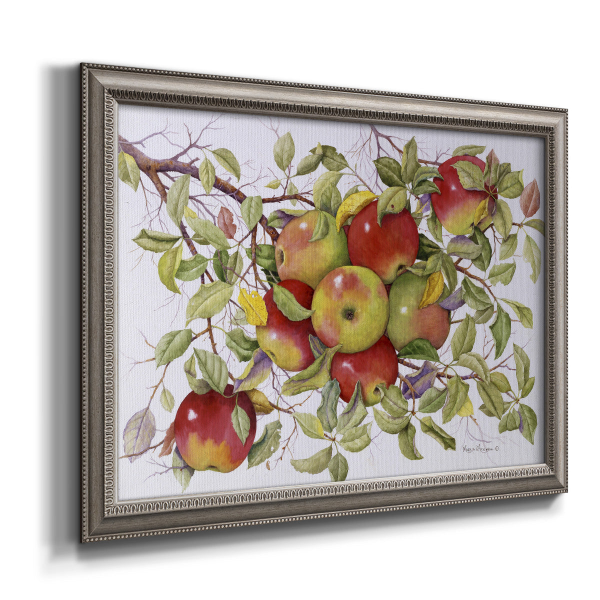 Classic still life painting of apples printed on canvas in an ornate vintage silver frame.